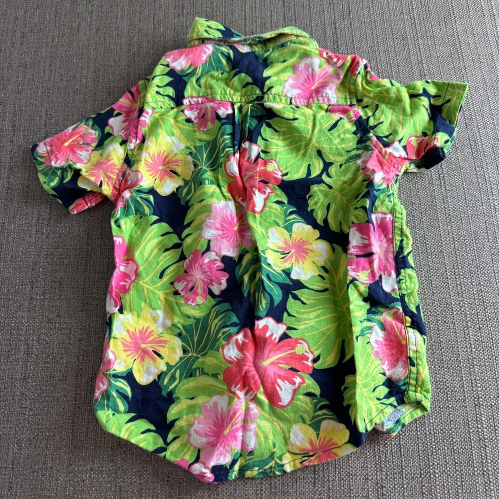 Gymboree Boys 4T Tropical Hibiscus Linen Blend Button Down Shirt Navy Pink Green